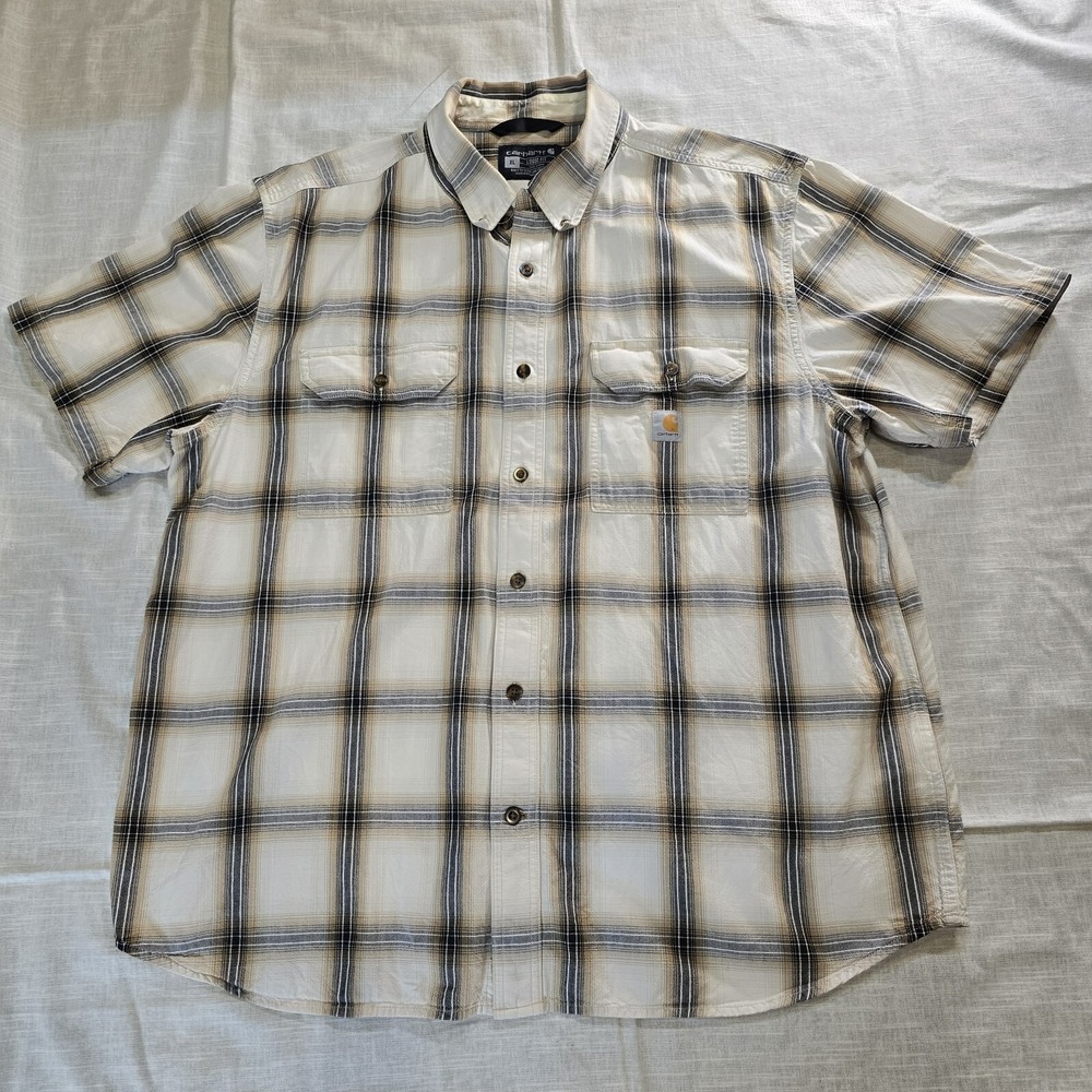 Carhartt Mens XL Loose Fit Short Sleeve Plaid Button Down Shirt Tan White Black